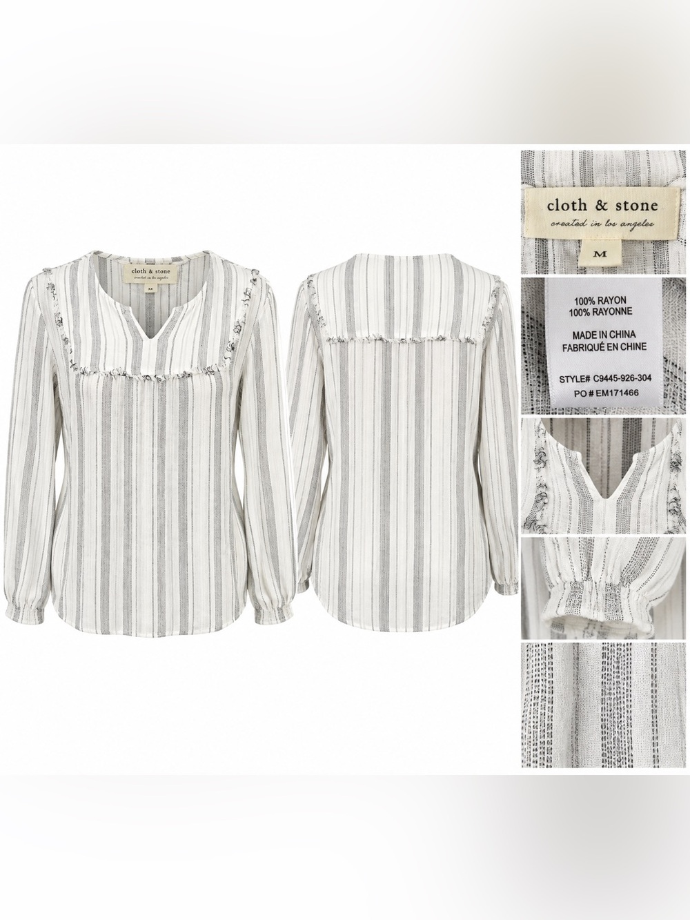 Cloth & Stone Striped Boho Blouse White Gray Long Sleeve Rayon M